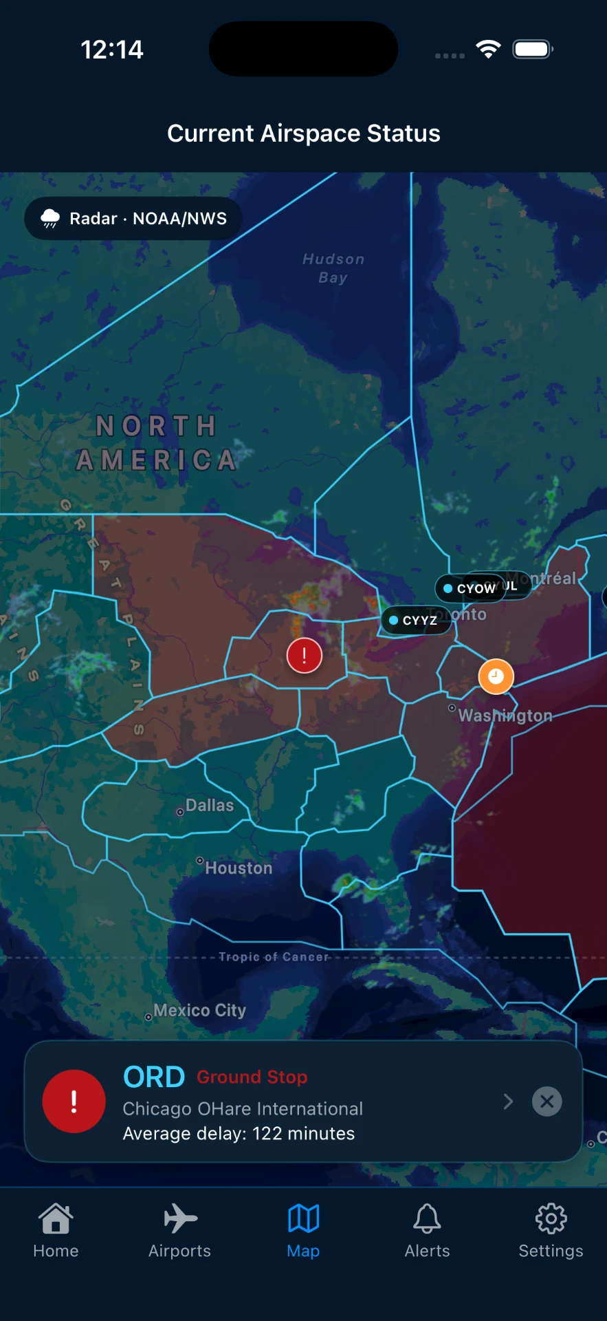 Airport Delays map detail showing weather radar overlay and an ORD ground stop
